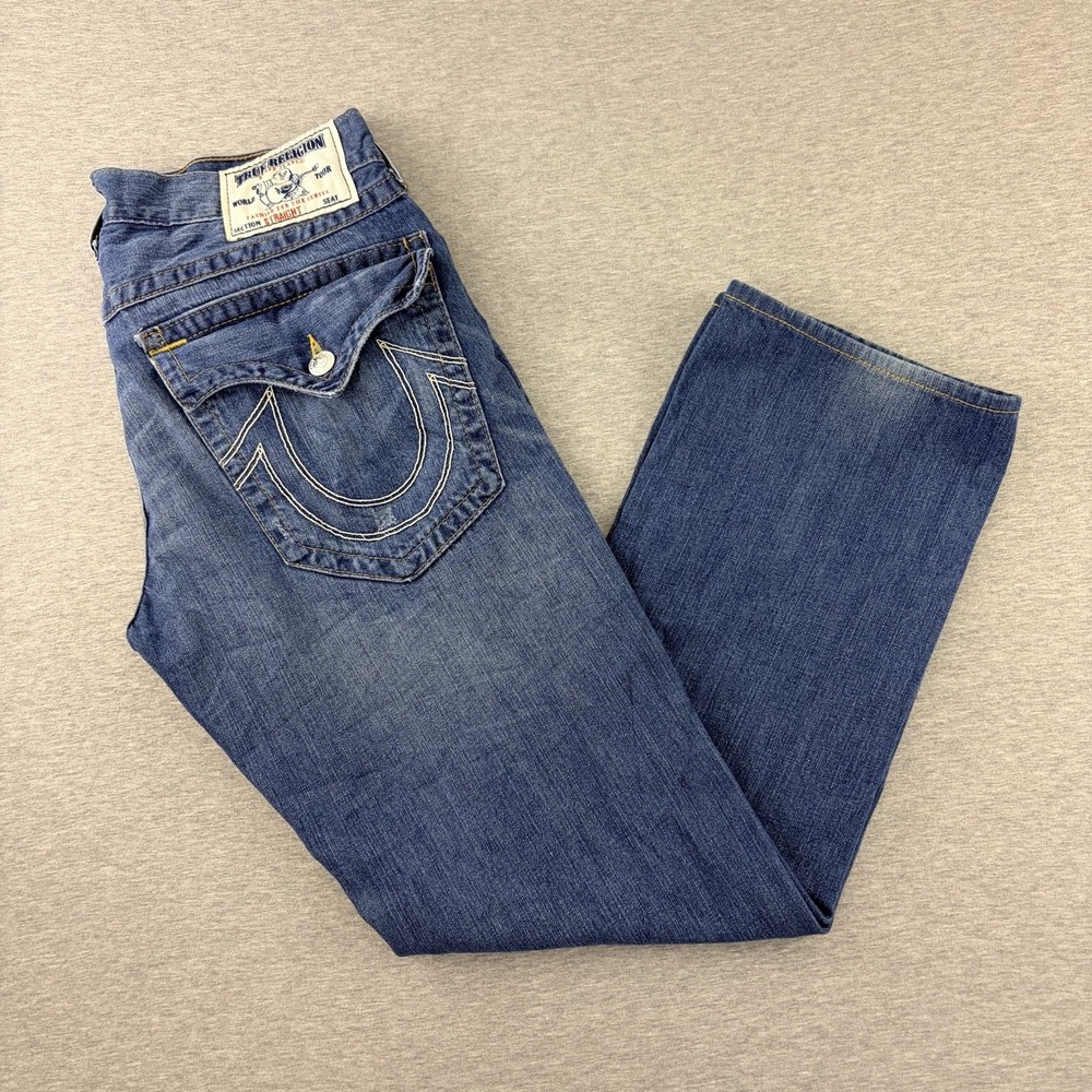 True Religion Men's Jeans Size 33 Straight Leg Blue Made in USA 100% Cotton Y2K
